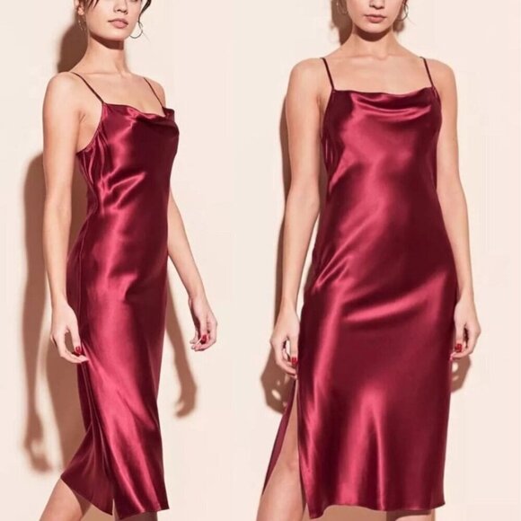 Fleur du Mal Dresses & Skirts - Fleur Du Mal Cowl Neck Sleeveless 100% Silk Slit Midi Dress Bordeaux Small